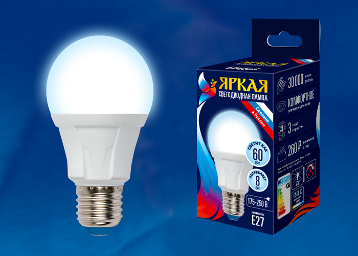 LED-A60 8W/DW/E27/FR PLP01WH Лампа светодиодная. Форма «А», матовая. Серия Яркая. Дневной свет (6500
